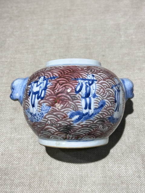 古玩陶瓷青花釉里紅八仙人物雙耳水盂真品鑒賞圖