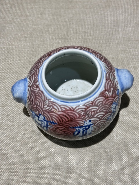 古玩陶瓷青花釉里紅八仙人物雙耳水盂真品鑒賞圖