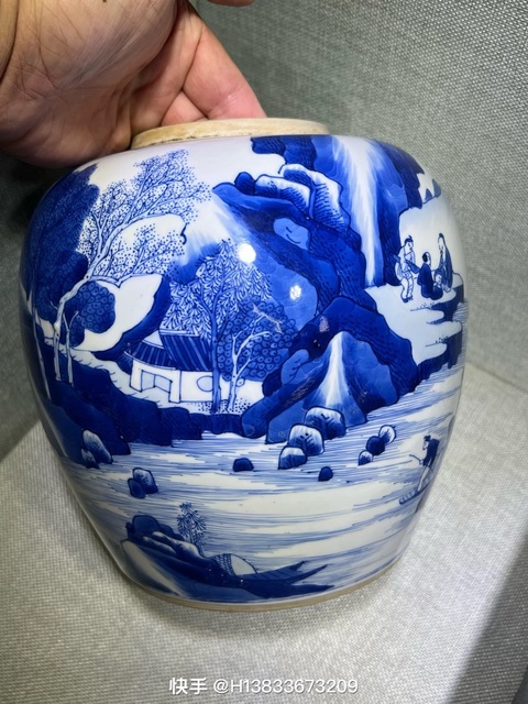 古玩陶瓷青花山水翠毛蘭通景紋罐真品鑒賞圖