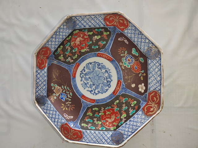 古玩陶瓷日本明治青花彩繪花卉紋盤拍賣，當前價格300元