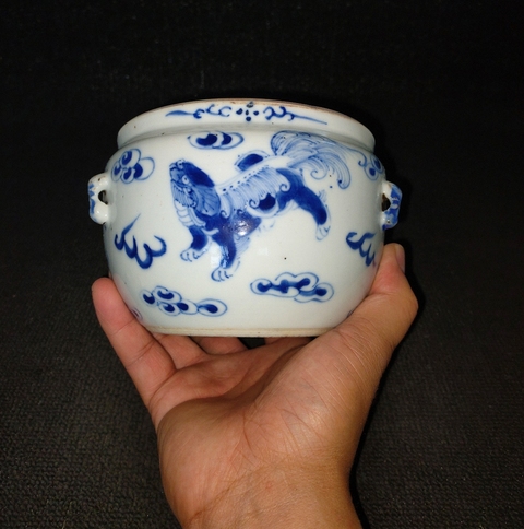 古玩陶瓷獅紋青花四系粥罐真品鑒賞圖