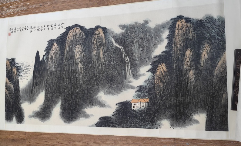 古玩字畫童乃壽山水橫披真品鑒賞圖