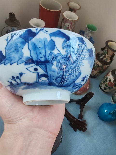 古玩陶瓷清中晚時期青花山水樓閣紋碗拍賣,當前價格880元