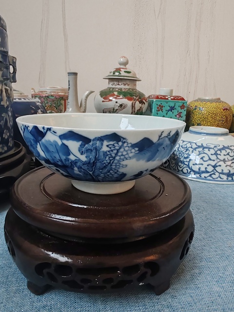古玩陶瓷清中晚時期青花山水樓閣紋碗拍賣,當前價格880元