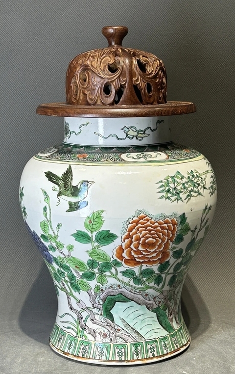 古玩陶瓷花鳥紋五彩將軍罐真品鑒賞圖
