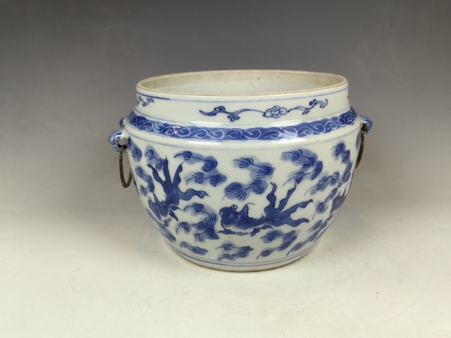 古玩陶瓷清中金玉滿堂魚藻紋青花軸罐真品鑒賞圖