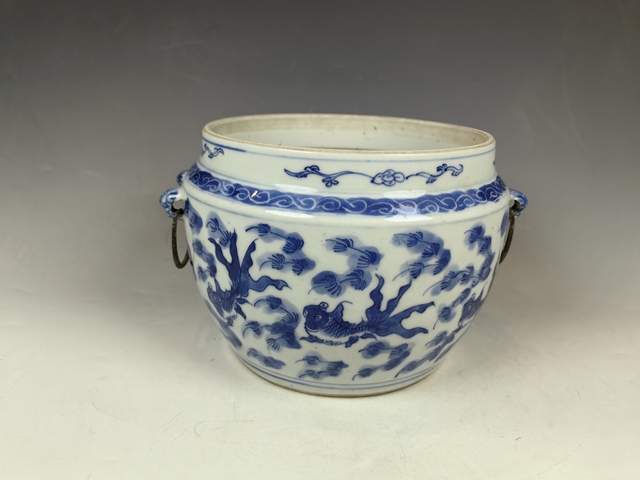 古玩陶瓷清中金玉滿堂魚藻紋青花軸罐真品鑒賞圖