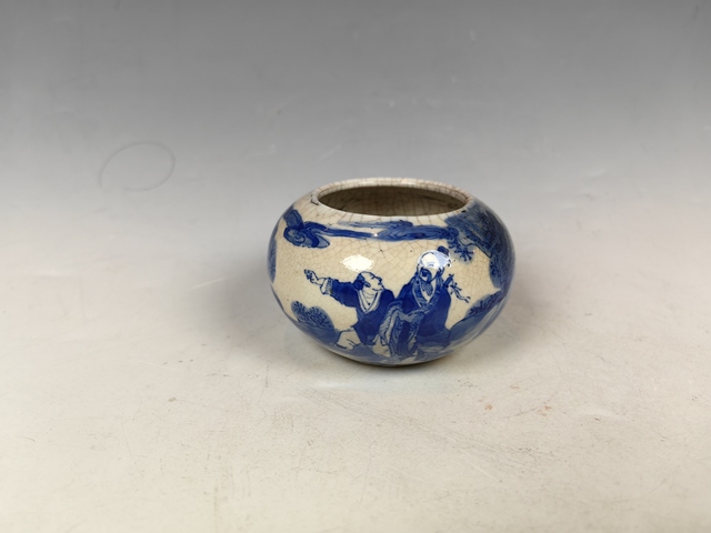 古玩陶瓷清中晚煨瓷八仙人物呂洞賓青花文房水盂真品鑒賞圖