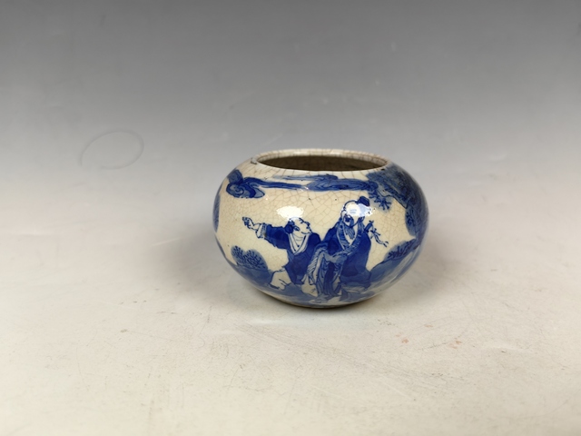 古玩陶瓷清中晚煨瓷八仙人物呂洞賓青花文房水盂真品鑒賞圖