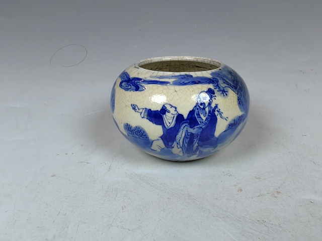 古玩陶瓷清中晚煨瓷八仙人物呂洞賓青花文房水盂真品鑒賞圖