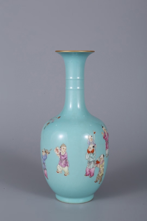 古玩陶瓷粉彩嬰戲紋長頸撇口瓶真品鑒賞圖