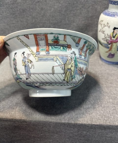 古玩陶瓷五彩人物故事紋折沿碗真品鑒賞圖