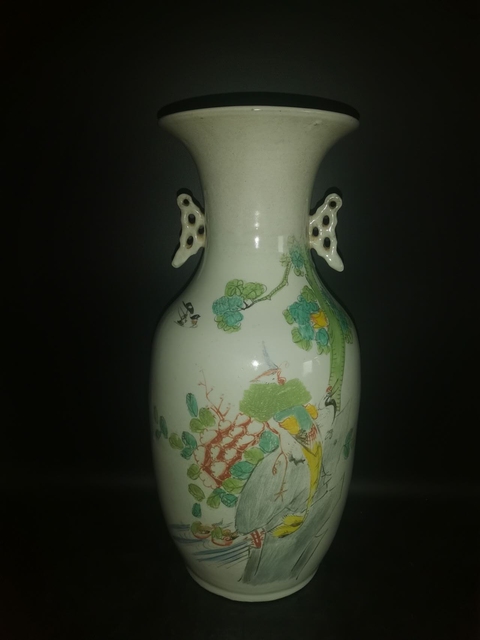 古玩陶瓷花鳥紋雙松葉耳撇口瓶真品鑒賞圖