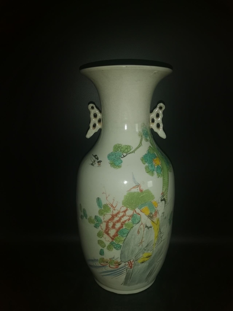 古玩陶瓷花鳥紋雙松葉耳撇口瓶真品鑒賞圖