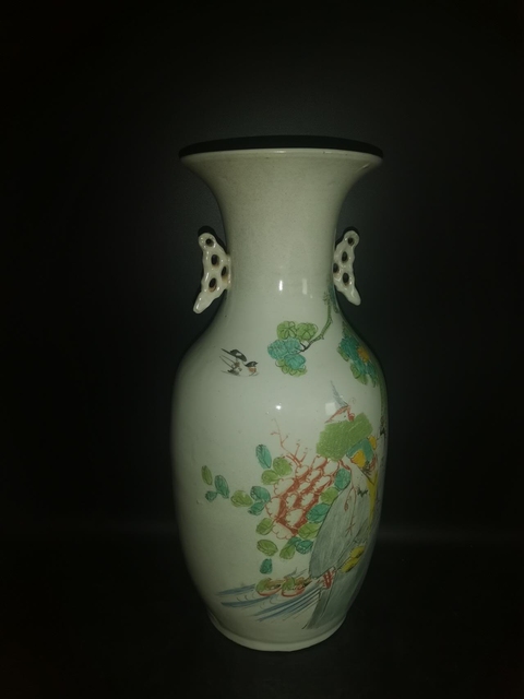 古玩陶瓷花鳥紋雙松葉耳撇口瓶真品鑒賞圖