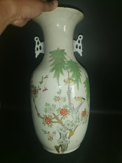 古玩陶瓷柳樹黃鶯粉彩瓶真品鑒賞圖