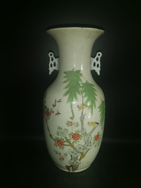 古玩陶瓷柳樹黃鶯粉彩瓶真品鑒賞圖