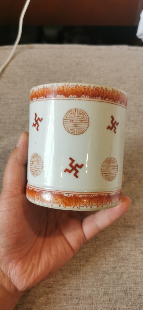 古玩陶瓷清晚期 礬紅萬福萬壽把杯真品鑒賞圖