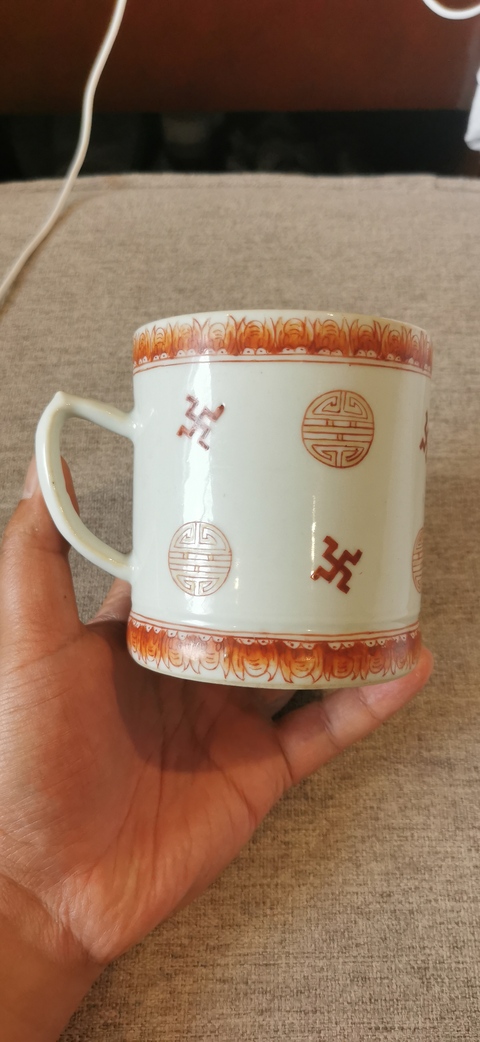 古玩陶瓷清晚期 礬紅萬福萬壽把杯真品鑒賞圖