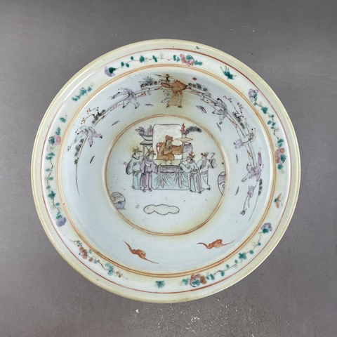 古玩陶瓷粉彩狀元及第圖折沿盆真品鑒賞圖