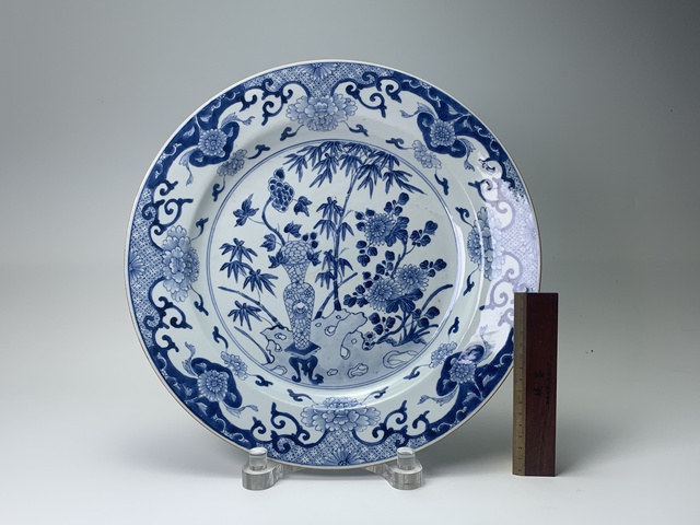 古玩陶瓷清康熙·青花竹葉花卉紋大盤拍賣,當前價格1666元