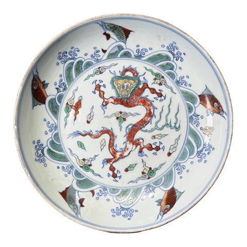 古玩陶瓷清早期 斗彩魚化龍紋盤真品鑒賞圖
