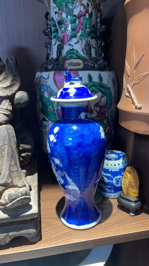 古玩陶瓷青花留白梅紋雞腿蓋瓶真品鑒賞圖