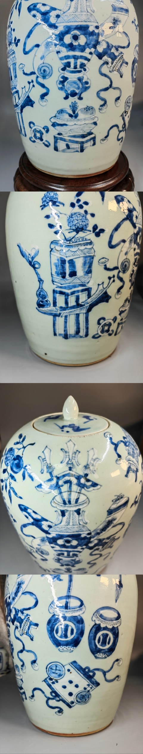 古玩陶瓷豆青堆白青花博古圖冬瓜罐真品鑒賞圖