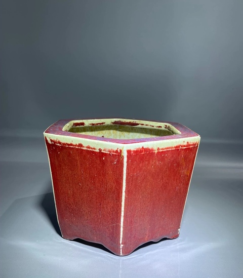 古玩陶瓷鈞紅窯變釉六方花盆真品鑒賞圖