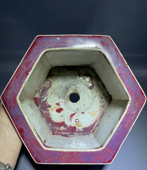 古玩陶瓷鈞紅窯變釉六方花盆真品鑒賞圖