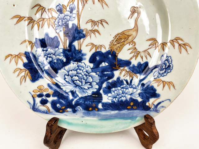 古玩陶瓷清康熙·青花金彩鶴紋盤拍賣,當前價格376元