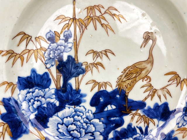 古玩陶瓷清康熙·青花金彩鶴紋盤拍賣,當前價格376元
