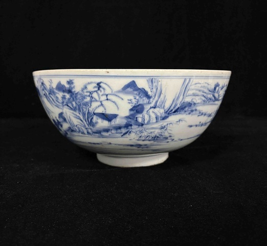 古玩陶瓷青花山水人物紋碗真品鑒賞圖