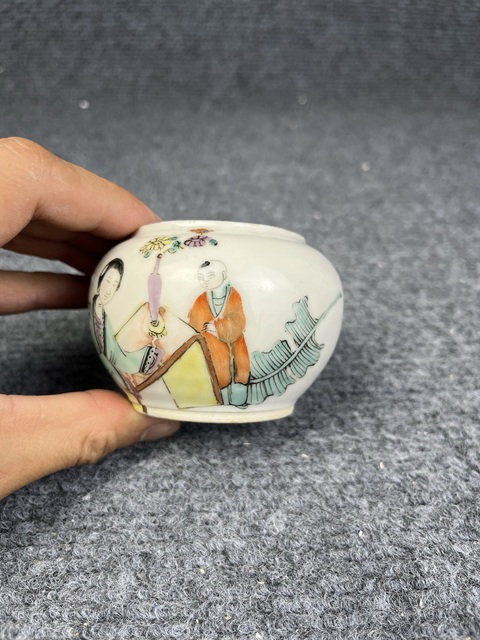 古玩陶瓷粉彩人物故事紋水盂真品鑒賞圖