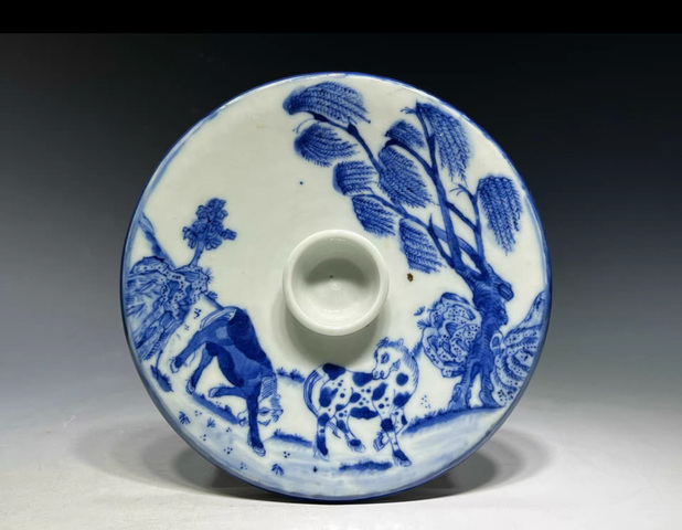 古玩陶瓷日本江戶青花柳蔭雙駿蓋碗真品鑒賞圖