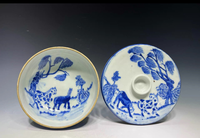 古玩陶瓷日本江戶青花柳蔭雙駿蓋碗真品鑒賞圖