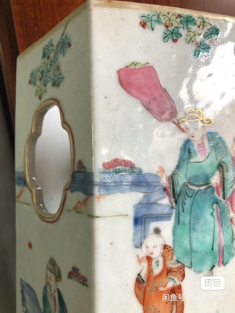古玩陶瓷人物紋粉彩六方帽筒真品鑒賞圖