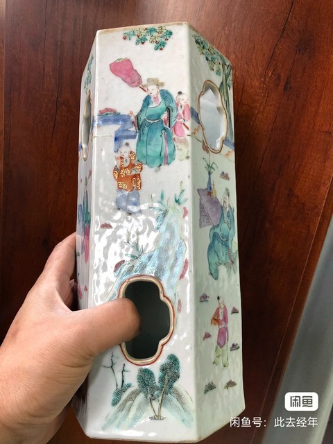 古玩陶瓷人物紋粉彩六方帽筒真品鑒賞圖