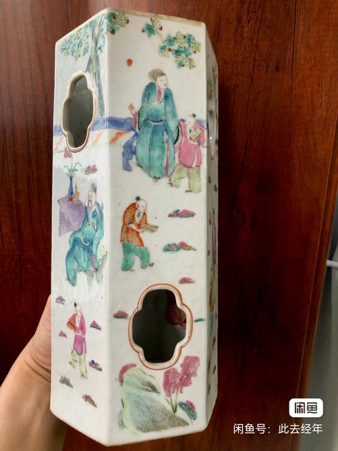 古玩陶瓷人物紋粉彩六方帽筒真品鑒賞圖
