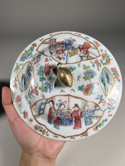古玩陶瓷人物紋粉彩蓋缽真品鑒賞圖