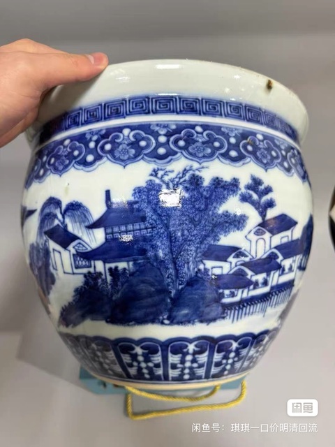 古玩陶瓷山水紋青花缸真品鑒賞圖