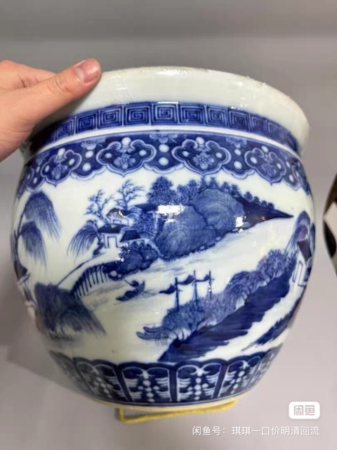 古玩陶瓷山水紋青花缸真品鑒賞圖