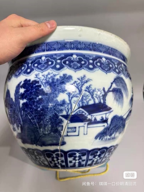 古玩陶瓷山水紋青花缸真品鑒賞圖