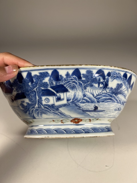 古玩陶瓷青花加彩山水紋貢碗真品鑒賞圖