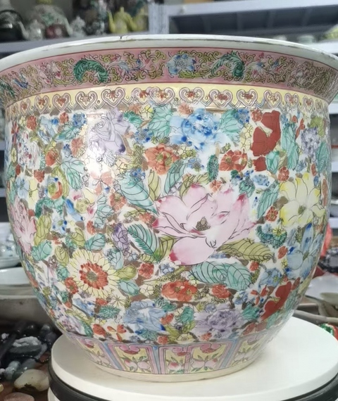 古玩陶瓷粉彩百花不落地案缸真品鑒賞圖