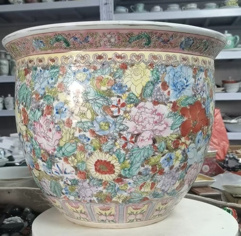 古玩陶瓷粉彩百花不落地案缸真品鑒賞圖