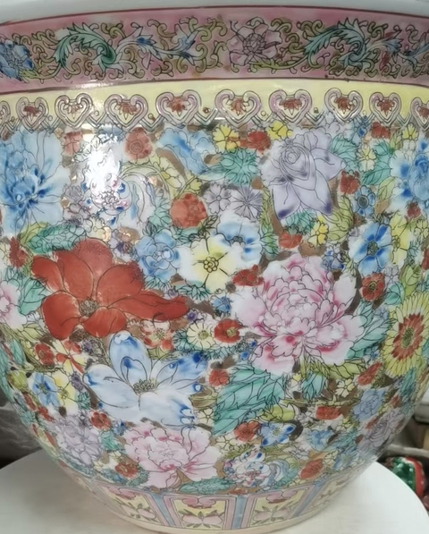 古玩陶瓷粉彩百花不落地案缸真品鑒賞圖