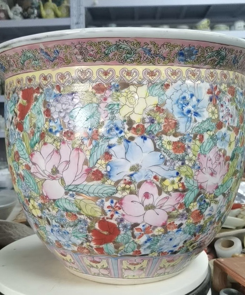 古玩陶瓷粉彩百花不落地案缸真品鑒賞圖