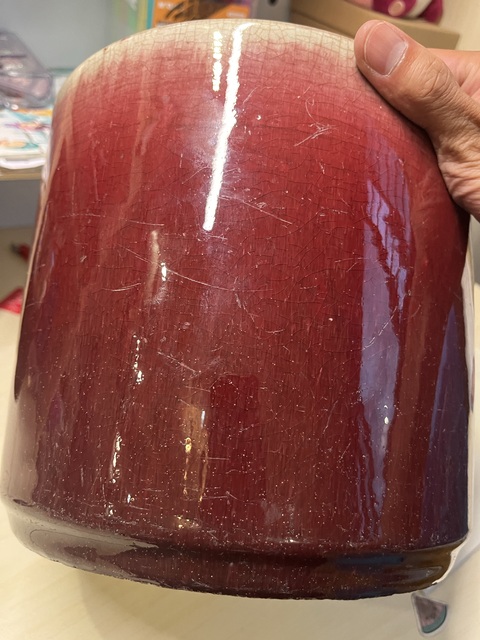 古玩陶瓷紅釉圈足筒式香爐真品鑒賞圖