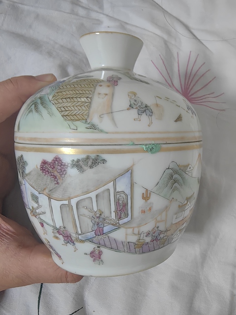 古玩陶瓷清晚·粉彩山水人物紋蓋缸 真品鑒賞圖